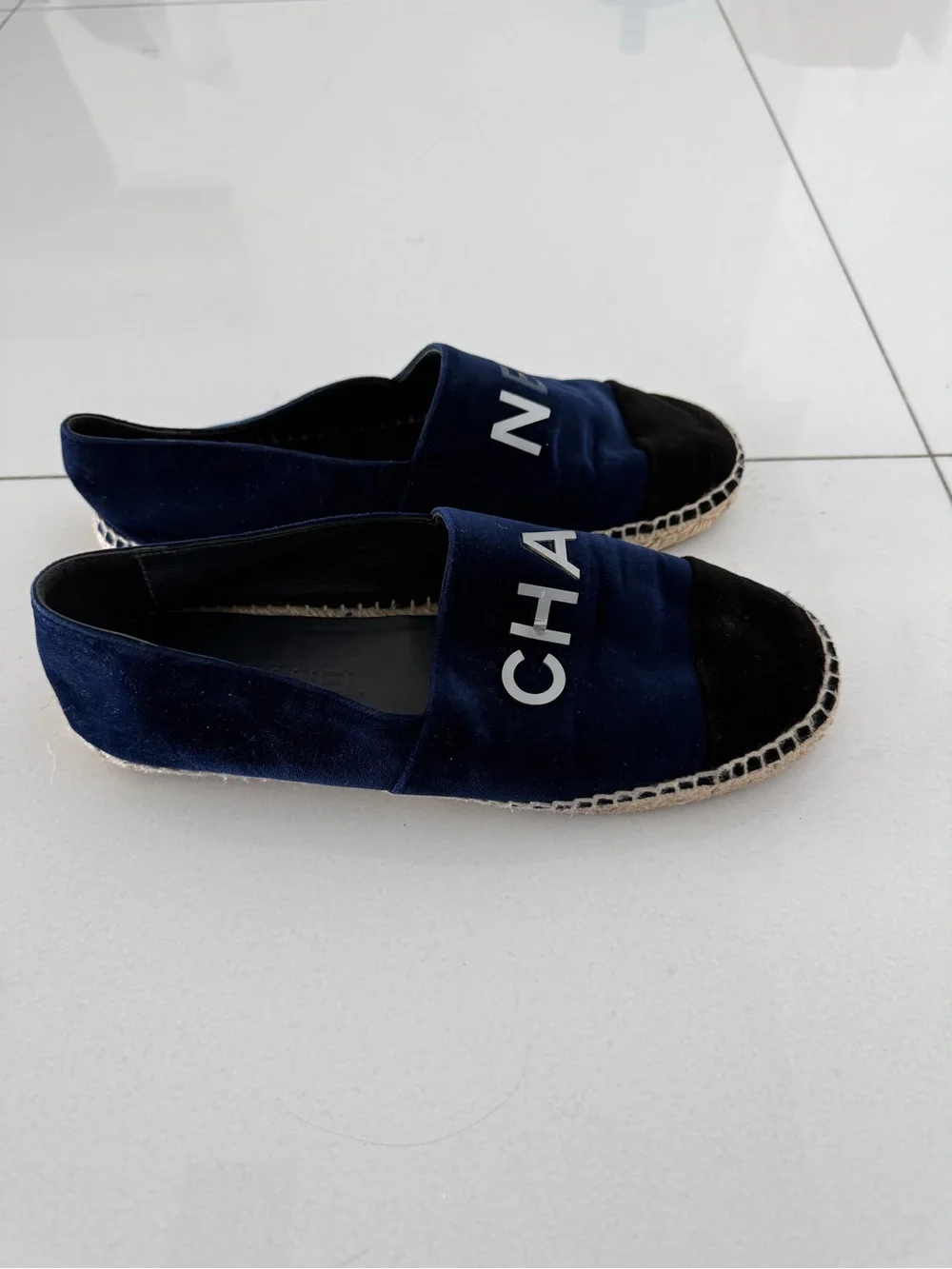 CHANEL Navy Velvet Espadrilles with Black Toe Cap and White Lettering
